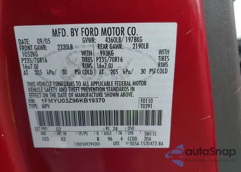 2006 Ford Escape Xlt из США, поврежденный, VIN 1FMYU03Z96KB19370